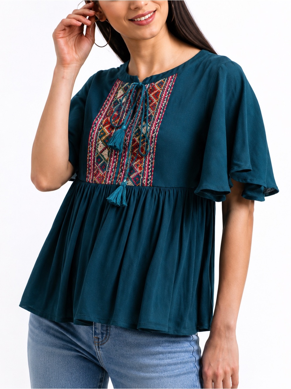 Zink London Teal Embroidered Boho Babydoll Blouse Flutter Sleeve Top Sz M